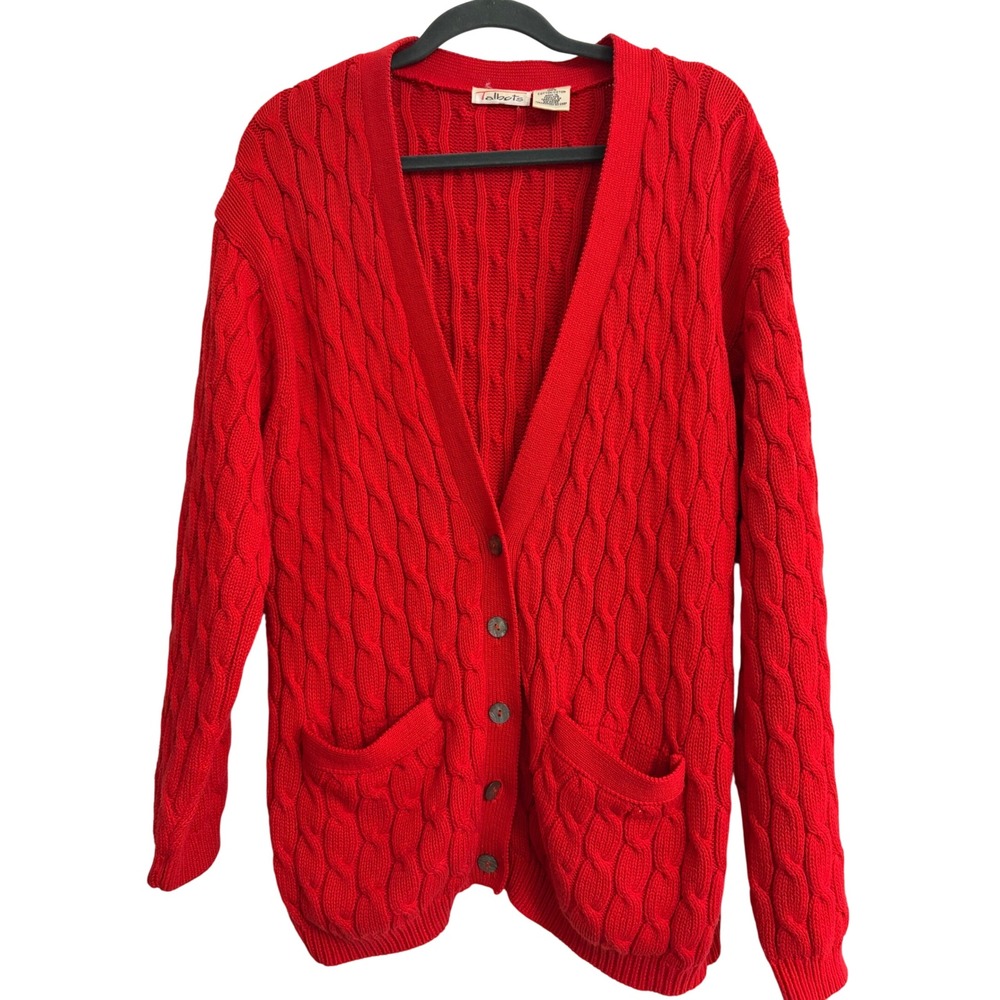Talbots Vintage Red Cable Knit Cardigan Sweater 100% Cotton XL V-Neck Pockets